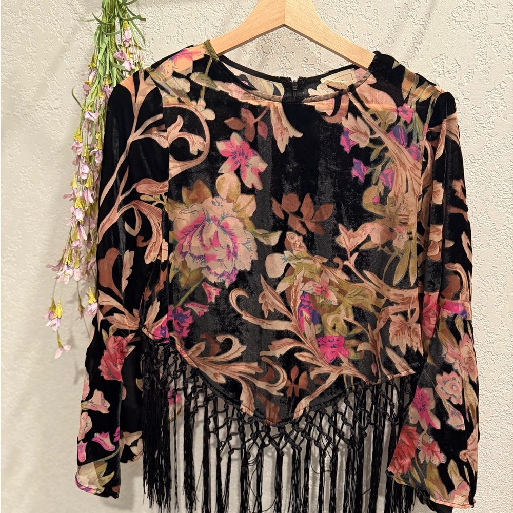 Black and Pink Asymmetrical Embellished Blouse with 3/4 Sleeves